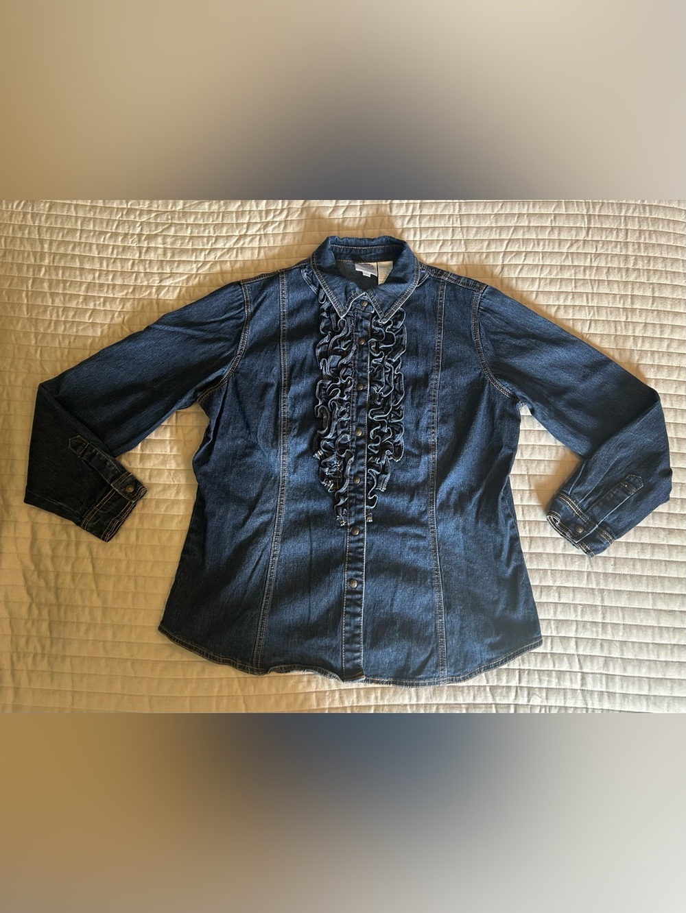 Diane Gilman Dark Blue Ruffled Denim Button-Down Shirt